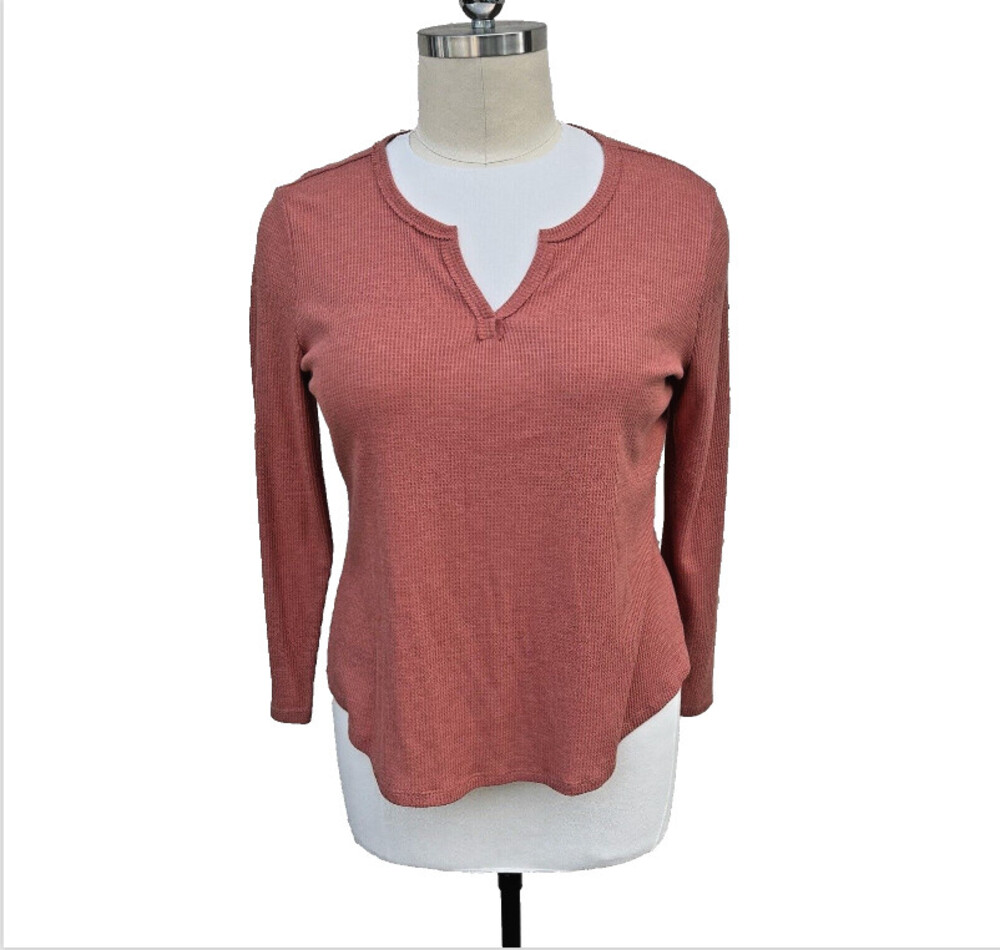 Women's Cato - Sunset Coral Waffle Knit Long Sleeve Notch Vneck Top XL